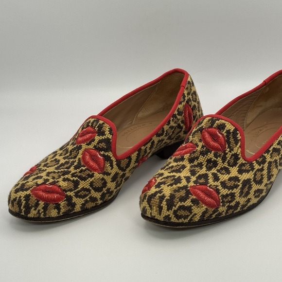 Stubbs & Wootton Women's Leopard Needlepoint Red Lips Red Trim Loafers Shoe 7.5 - Picture 3 of 12